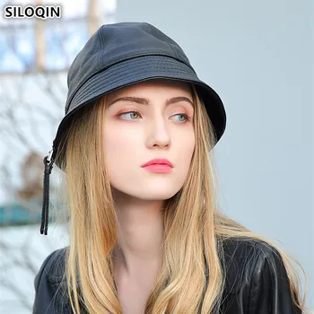 SILOQIN Yeni Hakiki Deri Şapka Zarif Moda Kadın Kova Şapka Koyun Derisi Deri Yenilik kadın Trendy Markalar Deri Kap