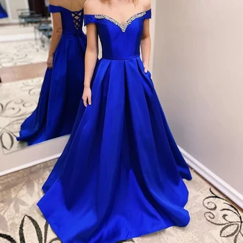 2022 Kraliyet Mavi Balo Parti Elbise A-Line Off-Omuz Uzun Resmi Olay Törenlerinde Dantel-Up Geri Cepler Pilili Bel Vestido فستان