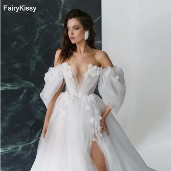 FairyKissy Seksi Prenses Gelinlik Bir Omuz Puf Kollu Gelin Elbise A-Line Tül Glitter Plaj gelinlik Artı Boyutu
