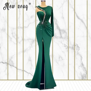 Zümrüt Yeşili Bir Omuz Akşam Elbise Arapça Boncuklu Pileli Balo Elbise Düğün Parti için 2022 Custom Made O Boyun Vestido De