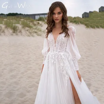 Basit A-line Yan Yarık düğün elbisesi Fener Kollu gelinlik Plaj V Boyun Aplikler Elbise Kadınlar İçin Vestido De Novia