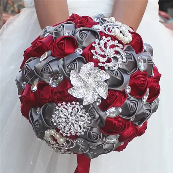 21 cm Ipek Düğün Buketleri Şarap Kırmızı Yüksek Kaliteli Elmas Broş Gelin Nedime Tutan Çiçekler Buketleri Hediye De Noiva W228