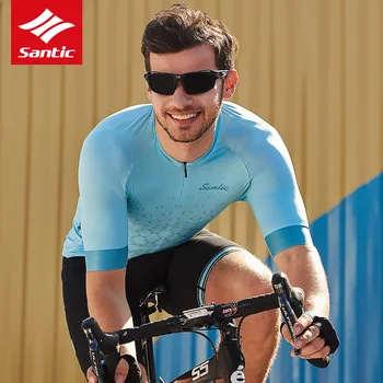 Santic Erkekler Bisiklet Jersey Kısa Kollu Yaz Nefes MTB Dağ Bisikleti Üstleri Profesyonel Açık Bisiklet Spor T-Shirt Mavi