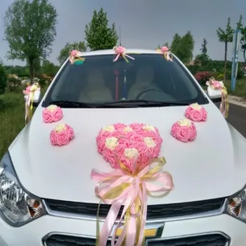 Simülasyon 4 renk düğün düğün araba süslemeleri yapay çiçekler kalp şeklinde araba süslemeleri sahte çiçekler