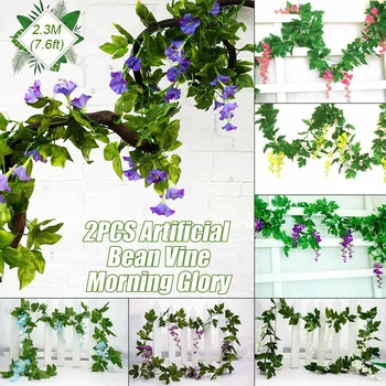 2 ADET 230CM yapay çiçek Fasulye Asma Sabah Zafer DIY Rattan Bitki İpek Yaprak Dize Bahçe Düğün Doğum Günü Partisi dekor